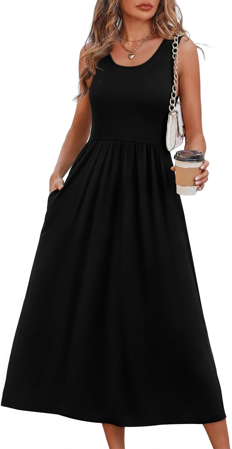 Lina Damenkleid – Maxikleid mit Blumenmuster, Boho-Stil, Rundhalsausschnitt, Ärmellos, Taschen, Sommer