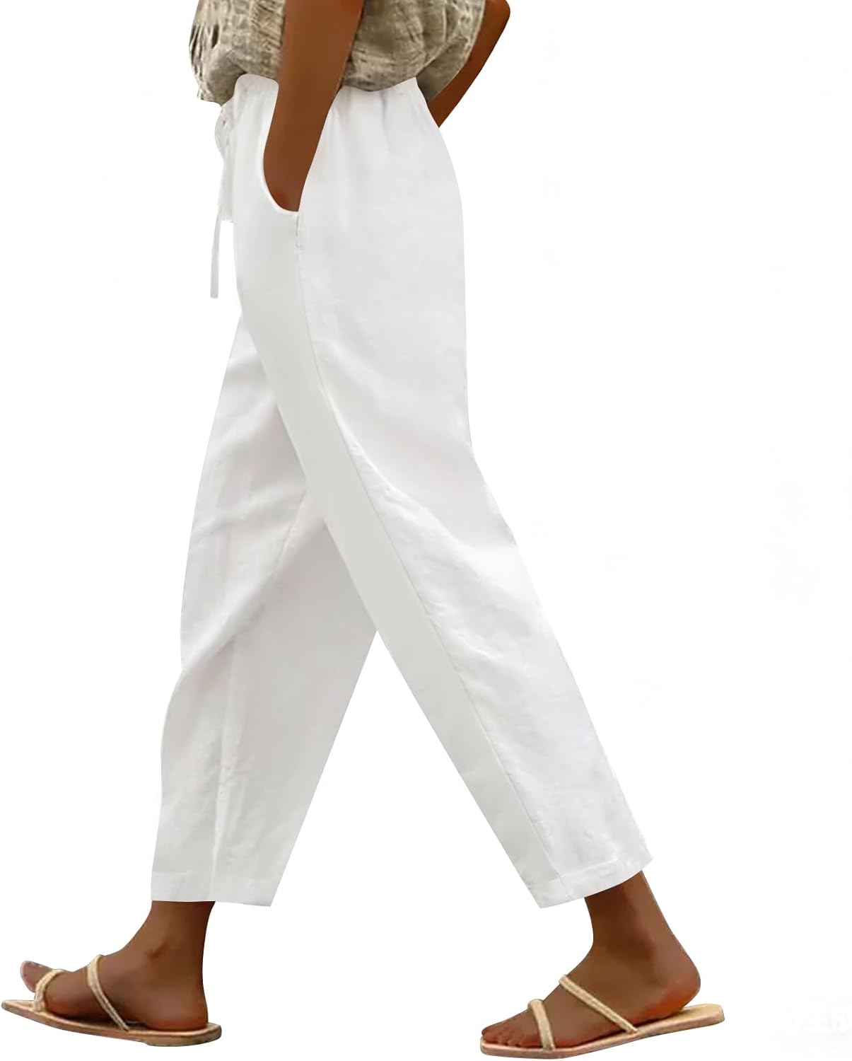 Merry Calças Mulher Linho Algodão – Capri Leve, Cintura Elástica, Casual Verão