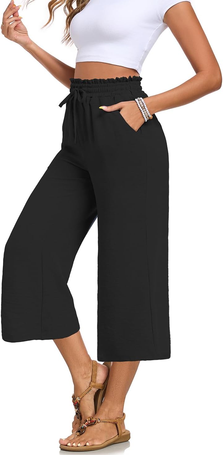Joanna Pantalon Femme Capri – Coupe Large, Taille Haute Élastique, Léger Été Chic