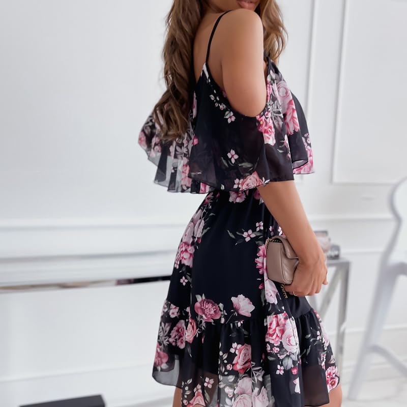 Mhaine Robe Femme Bohème – Épaules Dénudées, Volants, Coupe Midi Fluide Été