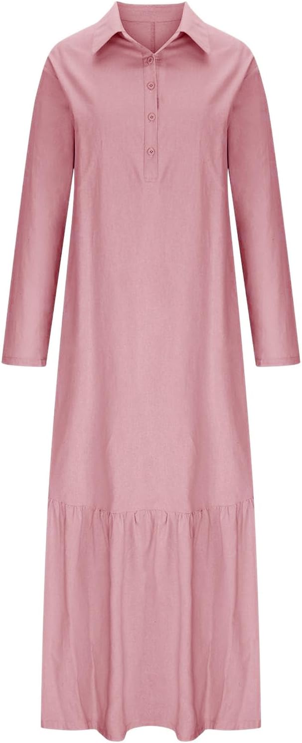 Élina Robe Longue Femme en Coton et Lin – Robe Chemise Ample à Ourlet Asymétrique