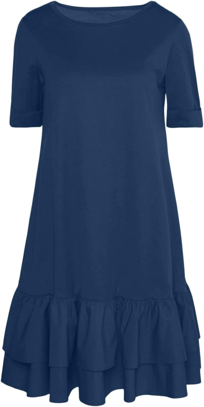Lina kjole til kvinder – T-shirt kjole mini med rund hals, flæser og dobbelt kant, boheme sommer