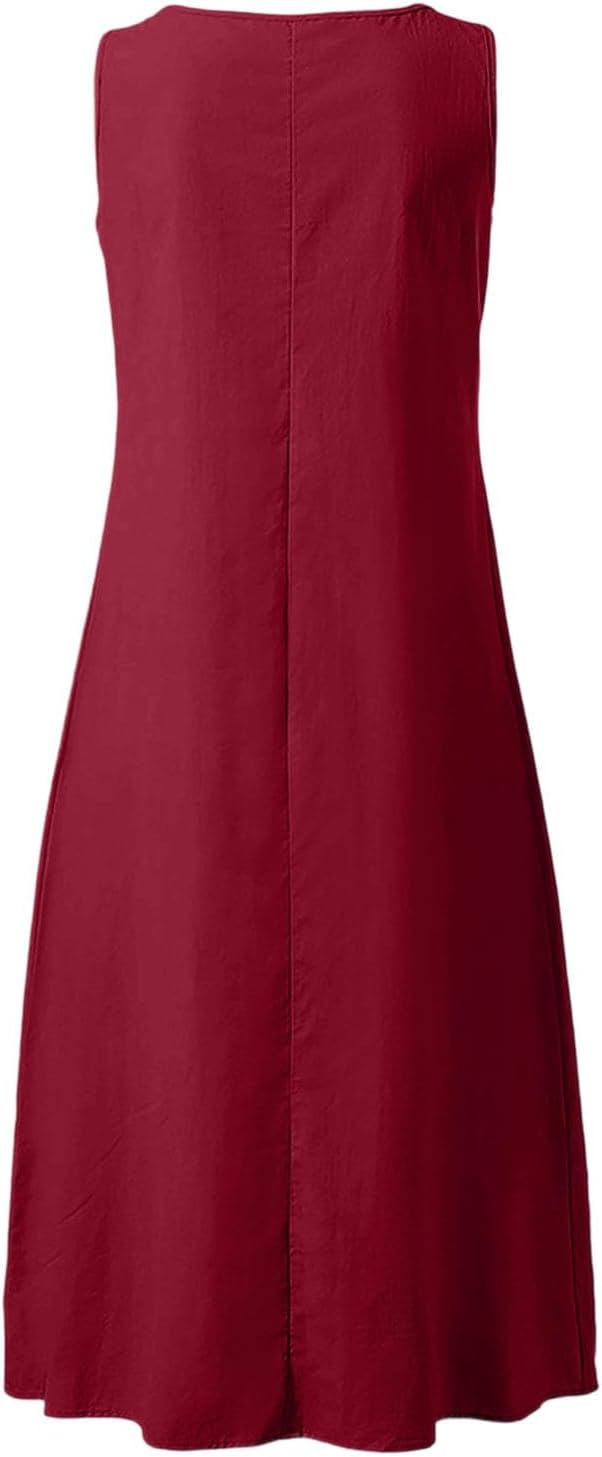 Camille Robe Femme – Robe Maxi Lin Col V Sans Manches Boutonnée Poches Été