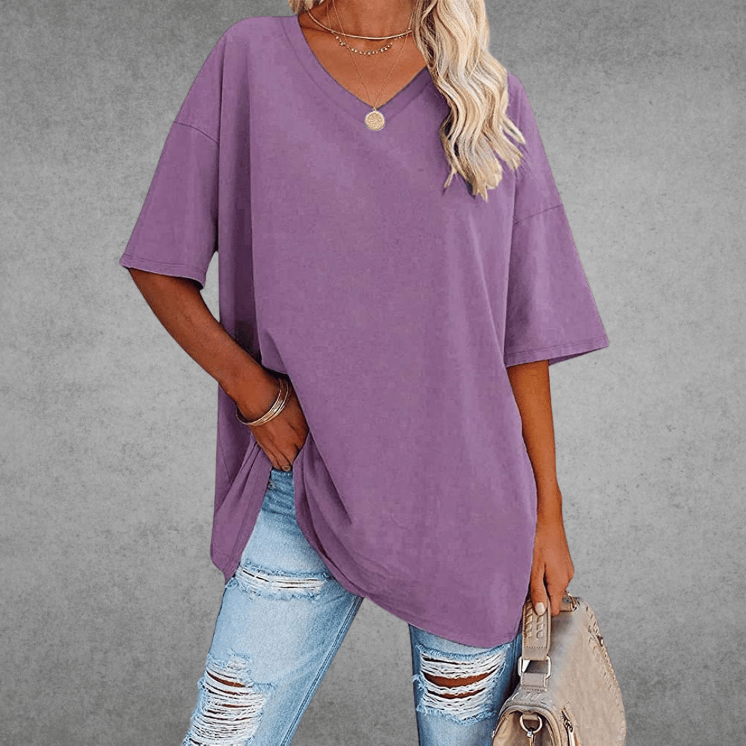 T-shirt Oversize Ninon Mulher – Design confortável com decote em V e tecido leve e respirável