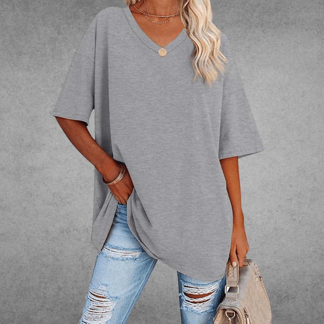 T-shirt Oversize Ninon Mulher – Design confortável com decote em V e tecido leve e respirável