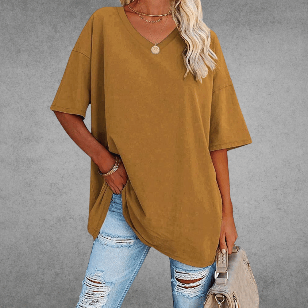 T-shirt Oversize Ninon Mulher – Design confortável com decote em V e tecido leve e respirável
