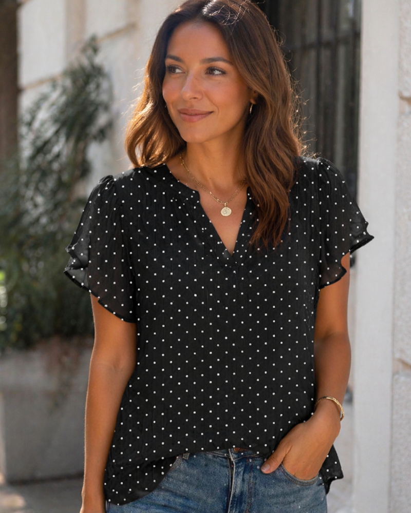Zanea Blouse Femme – Top Élégant Col V à Manches Pétales, Coupe Fluide Chic Business Casual