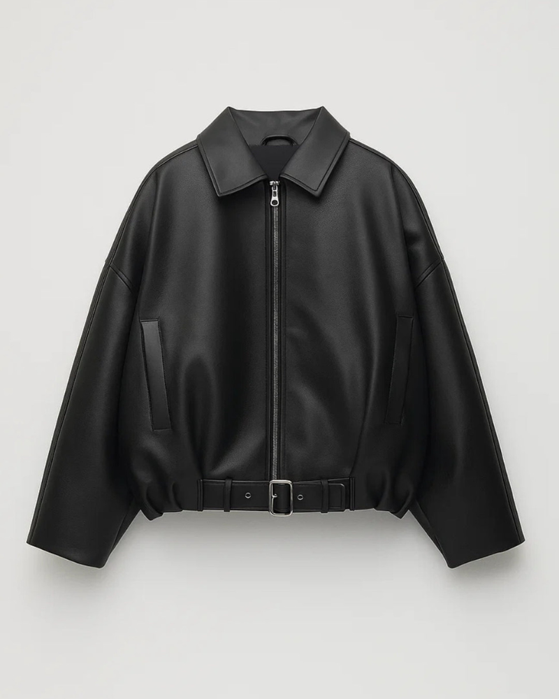 Nina Oversized Jacket for Women – Front Zipper, Built-in Belt & Modern Leather Style