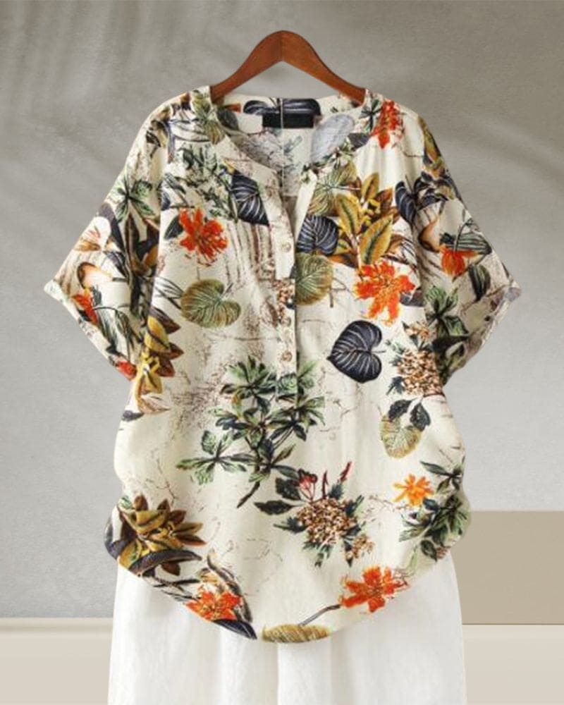 T-Shirt Femme Elisse – T-Shirt Décontracté à Imprimé Fleuri, Mix Coton-Lin & Détail Noué