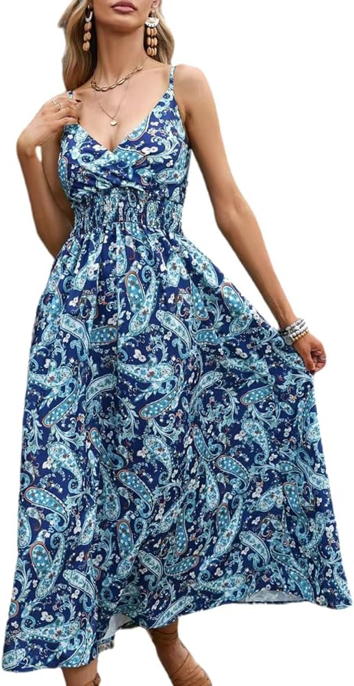 Léa Robe Été Femme – Robe Bohème Fleurie Bretelles Col V Élégante Plage