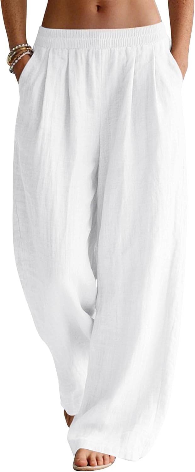 Linda Pantalón Mujer – Pantalón Palazzo de Lino con Cintura Elástica y Bolsillos Verano