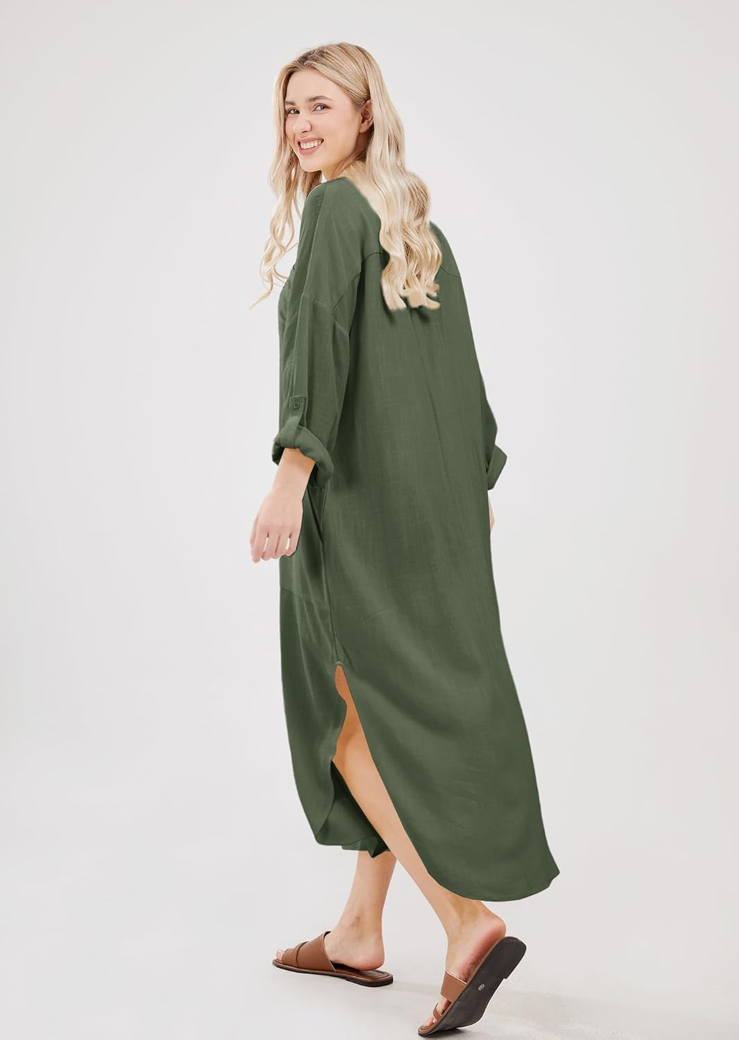 Emma Robe Chemise Longue Femme – Robe Lin Coton Boutonnée Fendue Avec Poches