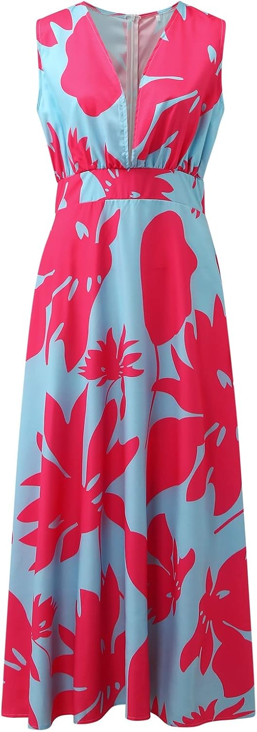 Maya Robe Longue Bohème Femme – Robe Sans Manches à Col V Zippé et Imprimé Élégant
