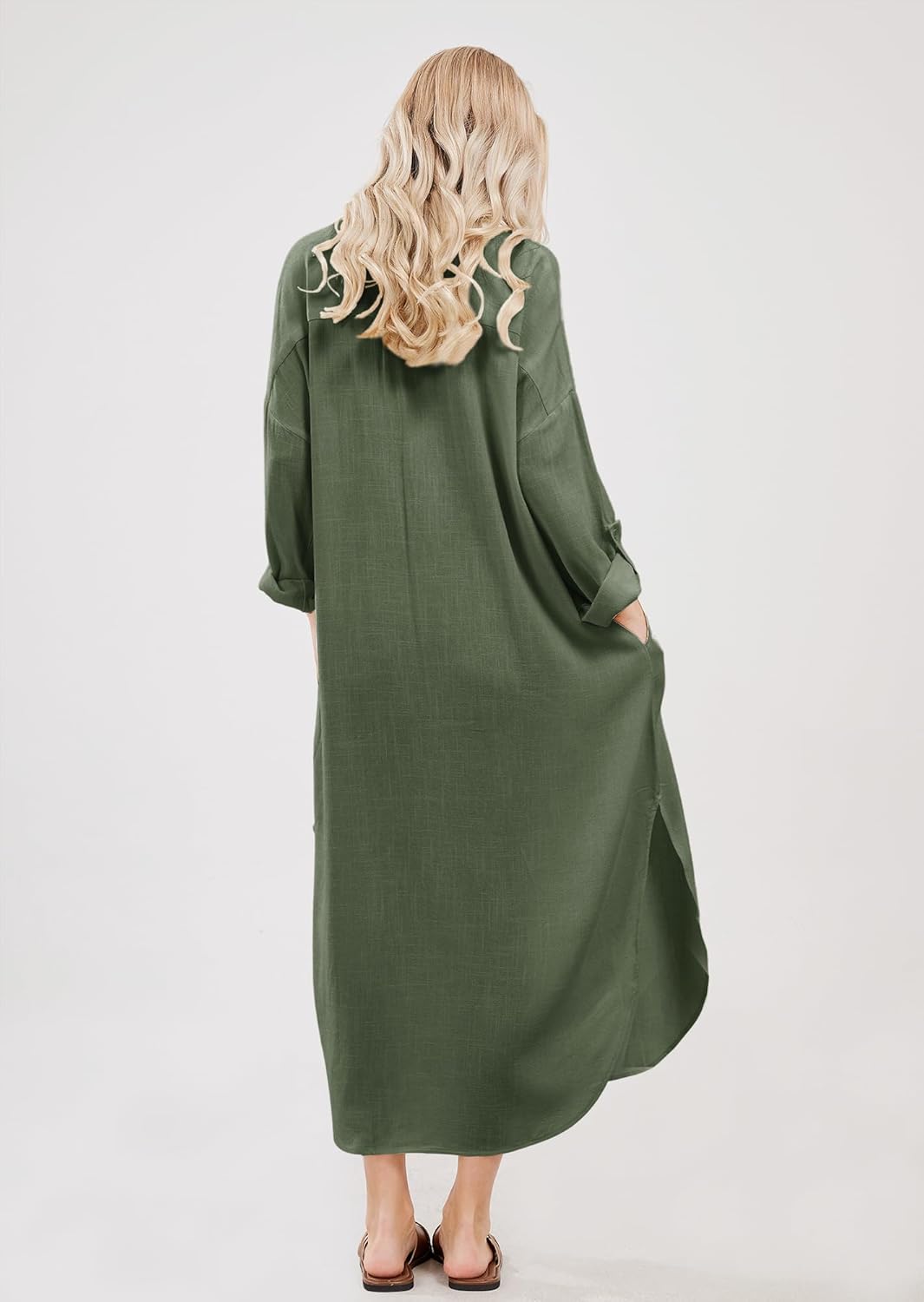 Emma Robe Chemise Longue Femme – Robe Lin Coton Boutonnée Fendue Avec Poches