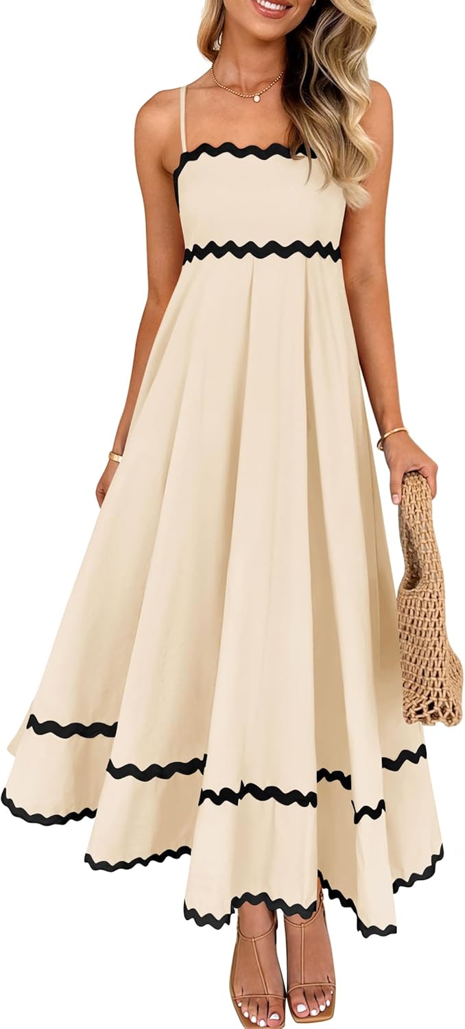 Ella Robe Midi Femme – Robe Dos Nu Bretelles Fines Smockée Fluide Été Élégante