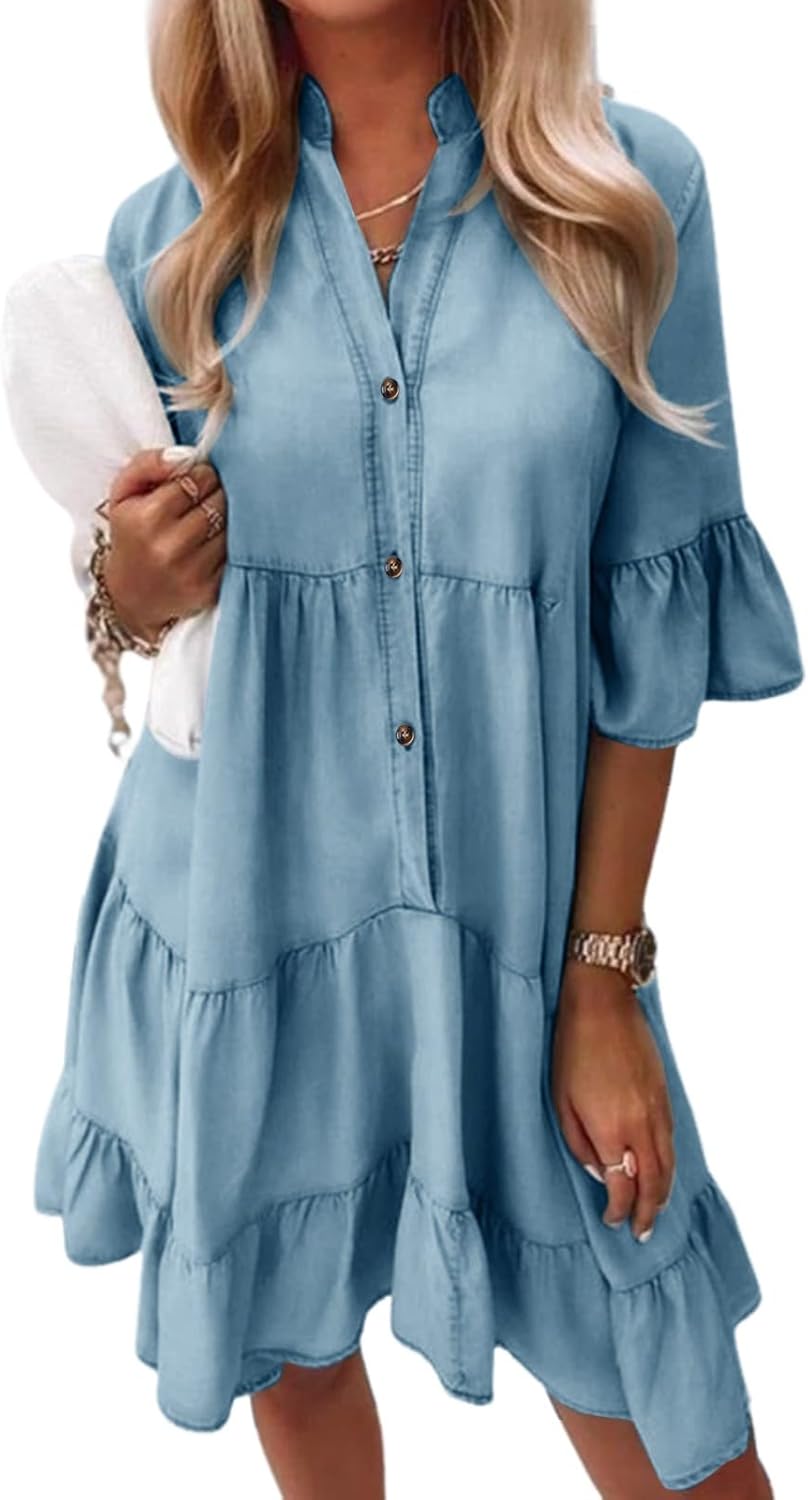Sophie Robe Chemise Bohème Femme – Robe Courte Fluide à Col V et Manches Courtes