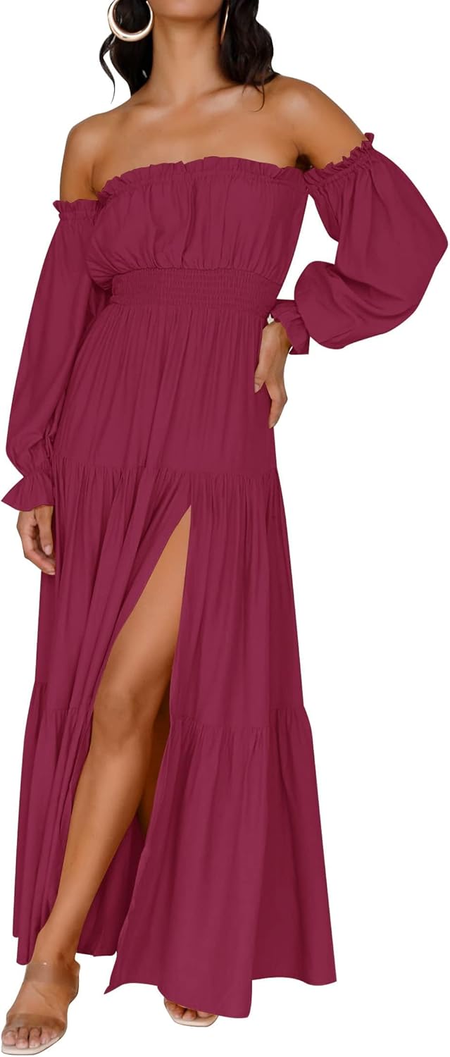 Sophie Robe Maxi Femme – Robe Bohème Épaules Dénudées Fendue Taille Smockée