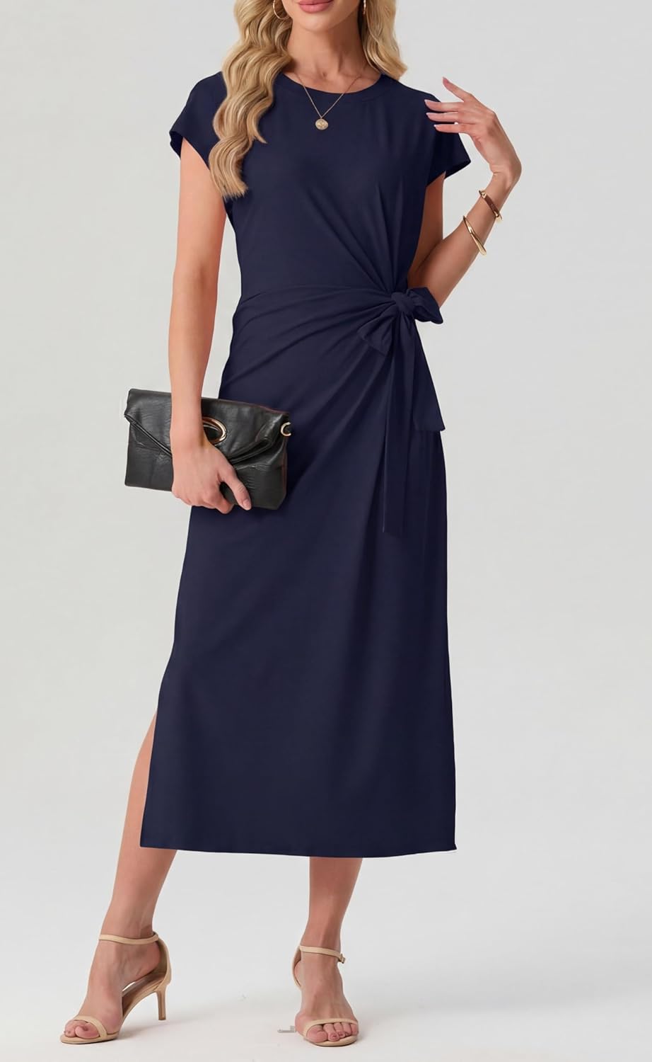 Charlotte Vestito Midi Donna – Vestito Fluido con Vita Annodata e Taglio Svasato