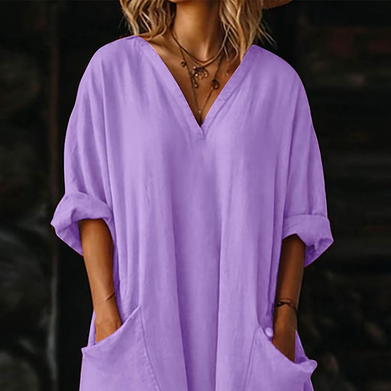 Mila kjole til kvinder – maxi linnedkjole med V-hals, 3/4 ærmer, A-formet oversize pasform, sommer