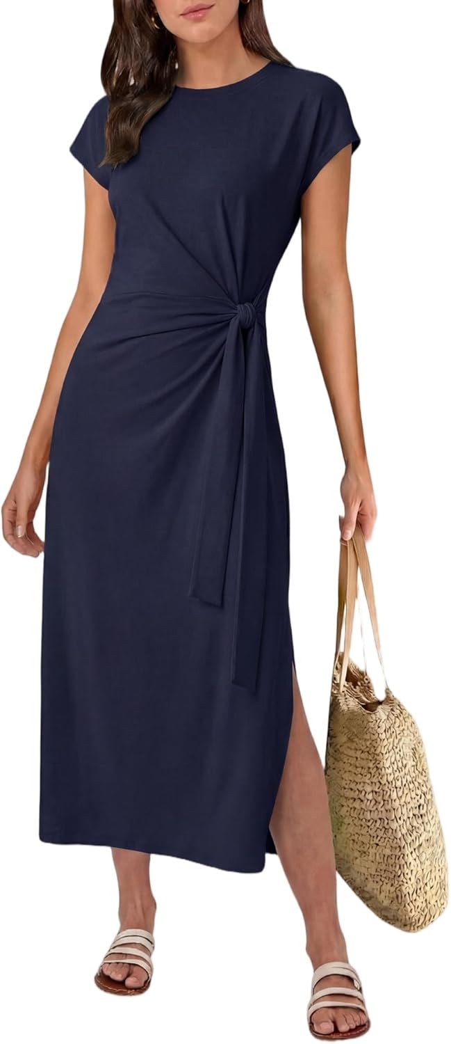 Charlotte Vestito Midi Donna – Vestito Fluido con Vita Annodata e Taglio Svasato