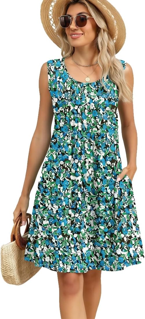 Élise Robe Midi Femme – Robe Fleurie Sans Manches Col Rond Avec Poches Été