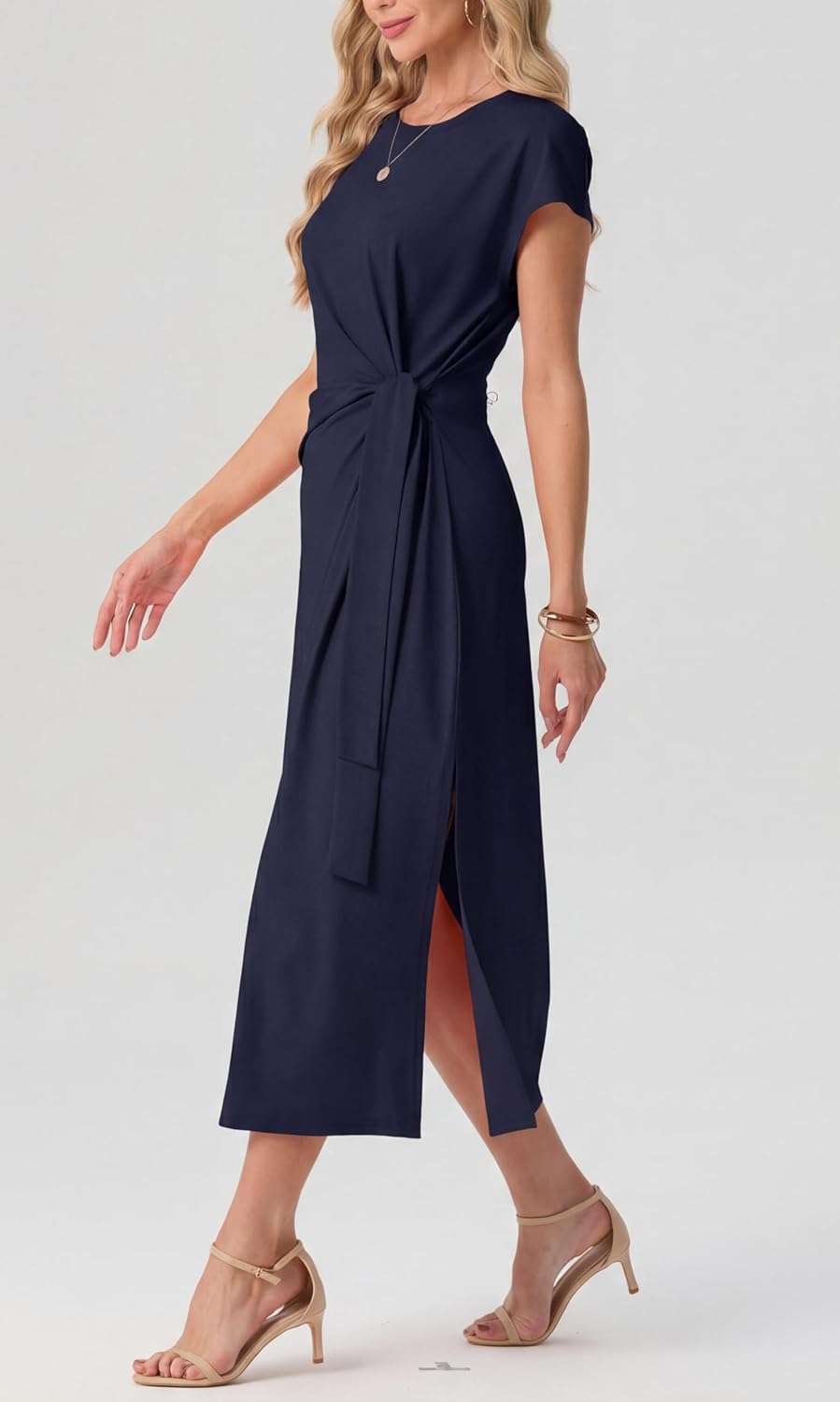 Charlotte Vestito Midi Donna – Vestito Fluido con Vita Annodata e Taglio Svasato