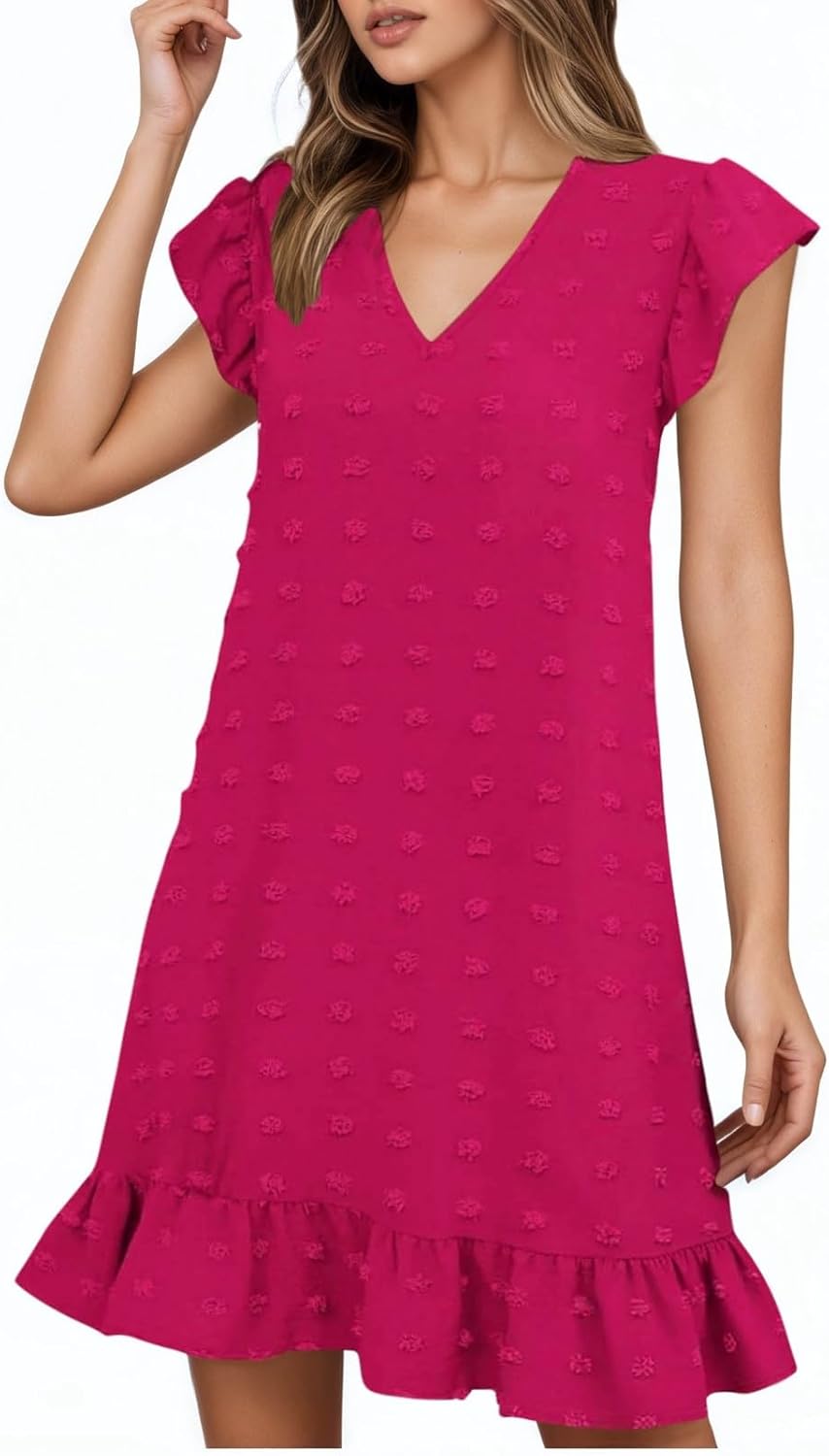 Chloé Robe Femme – Robe Midi Col V Manches Courtes Volants Coupe A-Line Été