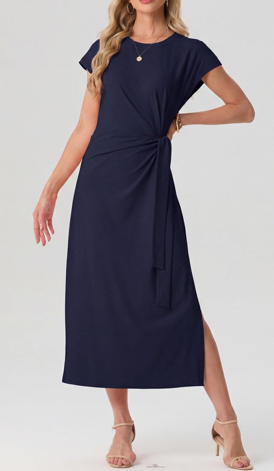 Charlotte Vestito Midi Donna – Vestito Fluido con Vita Annodata e Taglio Svasato