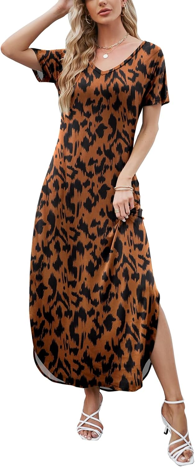 Julie Robe Maxi Femme – Robe Longue Col V Fendue Casual Été Fluide Élégante
