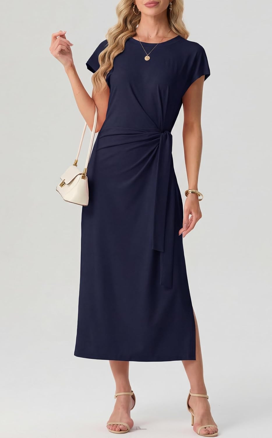 Charlotte Vestito Midi Donna – Vestito Fluido con Vita Annodata e Taglio Svasato