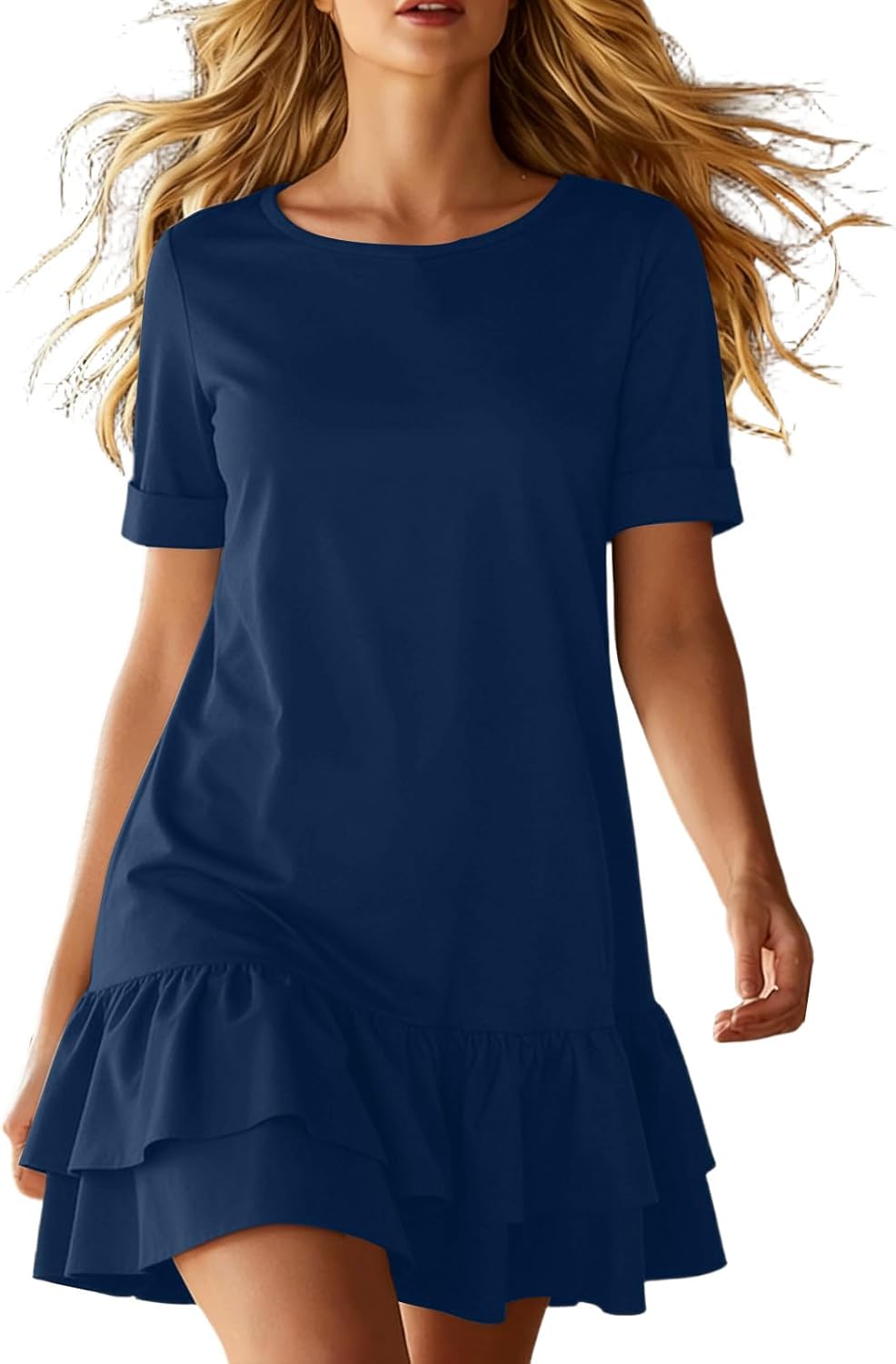 Lina kjole til kvinder – T-shirt kjole mini med rund hals, flæser og dobbelt kant, boheme sommer
