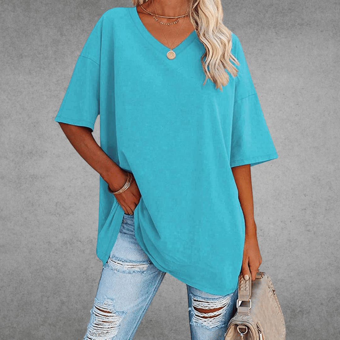 T-shirt Oversize Ninon Mulher – Design confortável com decote em V e tecido leve e respirável