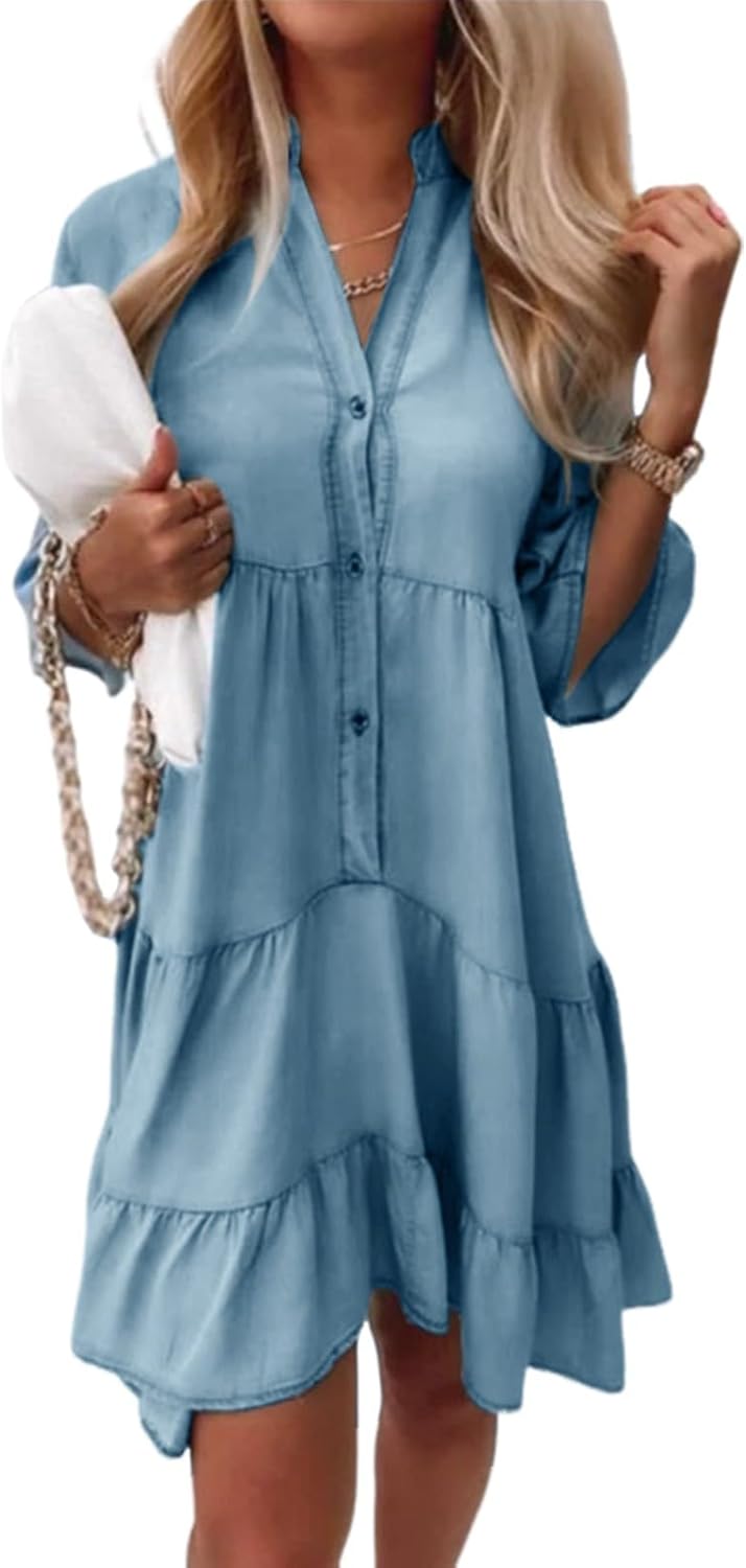 Sophie Robe Chemise Bohème Femme – Robe Courte Fluide à Col V et Manches Courtes