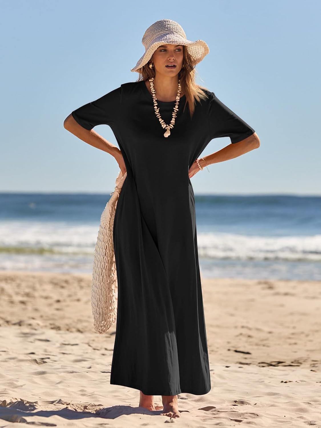 Sukienka Maxi Julie dla Kobiet – Długa Sukienka z Krótkim Rękawem i Kieszeniami, Casual Elegancka