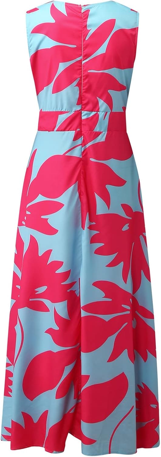 Maya Robe Longue Bohème Femme – Robe Sans Manches à Col V Zippé et Imprimé Élégant
