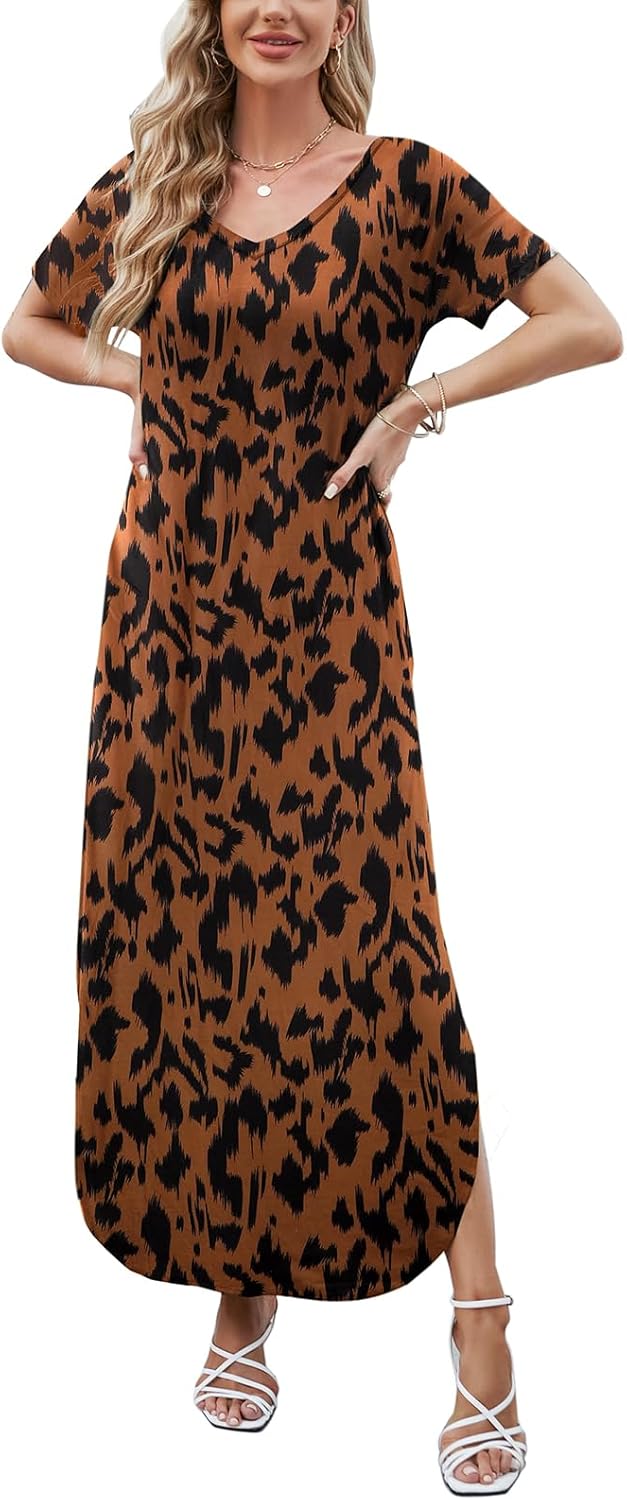 Julie Robe Maxi Femme – Robe Longue Col V Fendue Casual Été Fluide Élégante