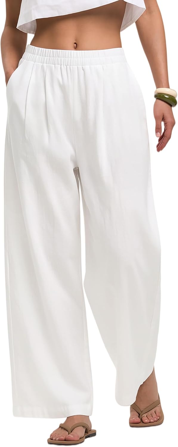 Lenny Pantalón Mujer – Palazzo Lino Algodón Ancho Talla Elástica y Bolsillos Verano