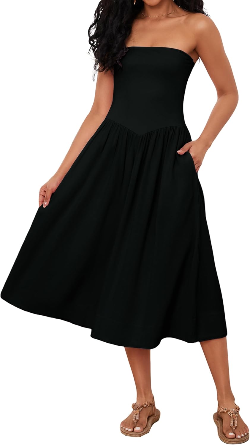 Lina Robe Midi Femme – Robe Bustier Sans Manches Taille Basse A-Line Été Chic