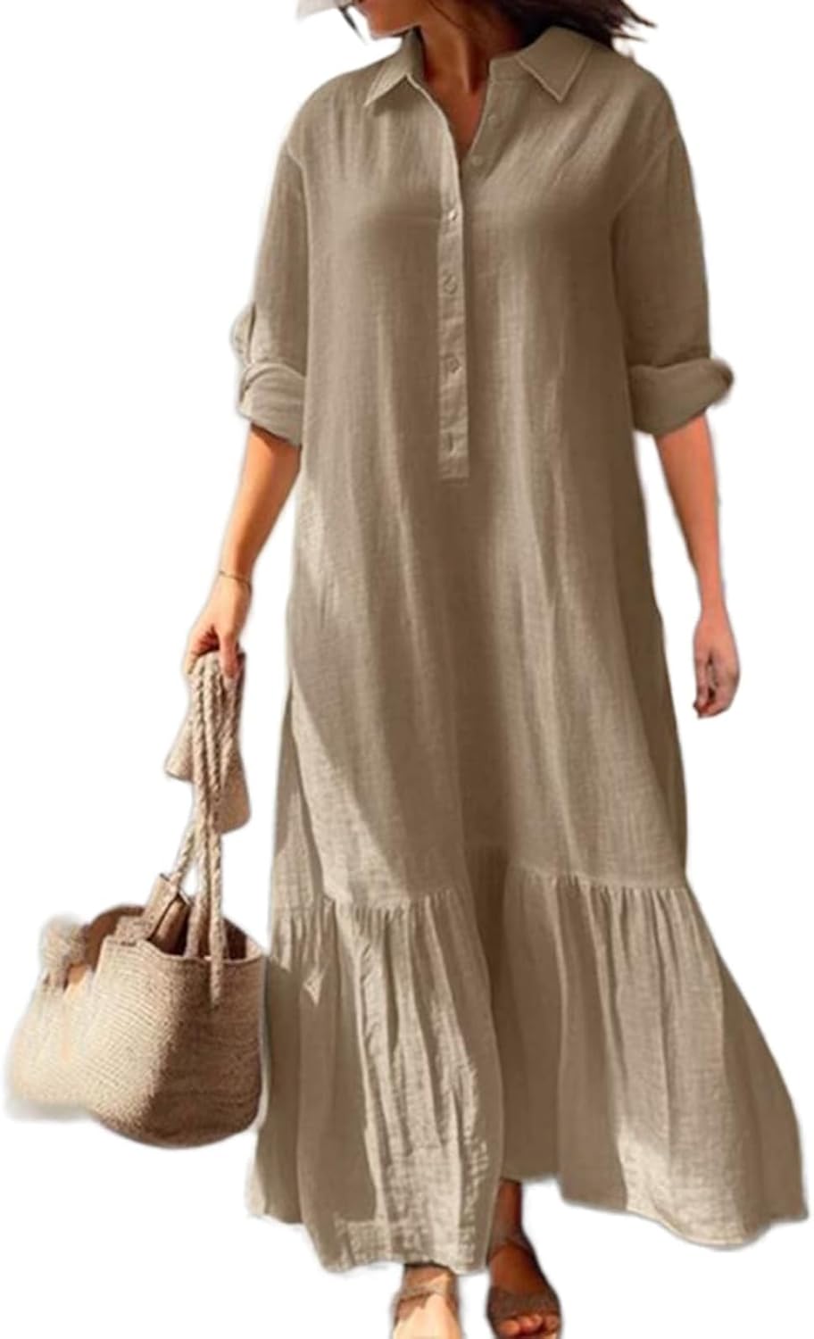 Élina Robe Longue Femme en Coton et Lin – Robe Chemise Ample à Ourlet Asymétrique