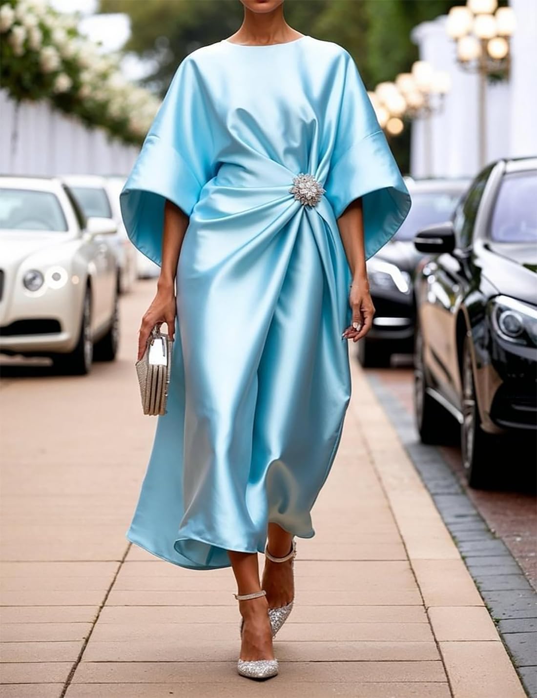Victoria Robe Longue Satinée Femme – Robe Élégante à Manches Chauve-Souris et Taille Plissée
