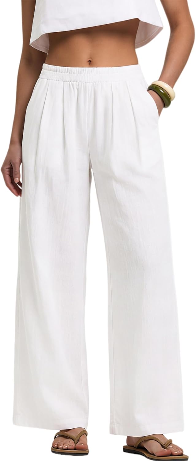 Lenny Pantalón Mujer – Palazzo Lino Algodón Ancho Talla Elástica y Bolsillos Verano