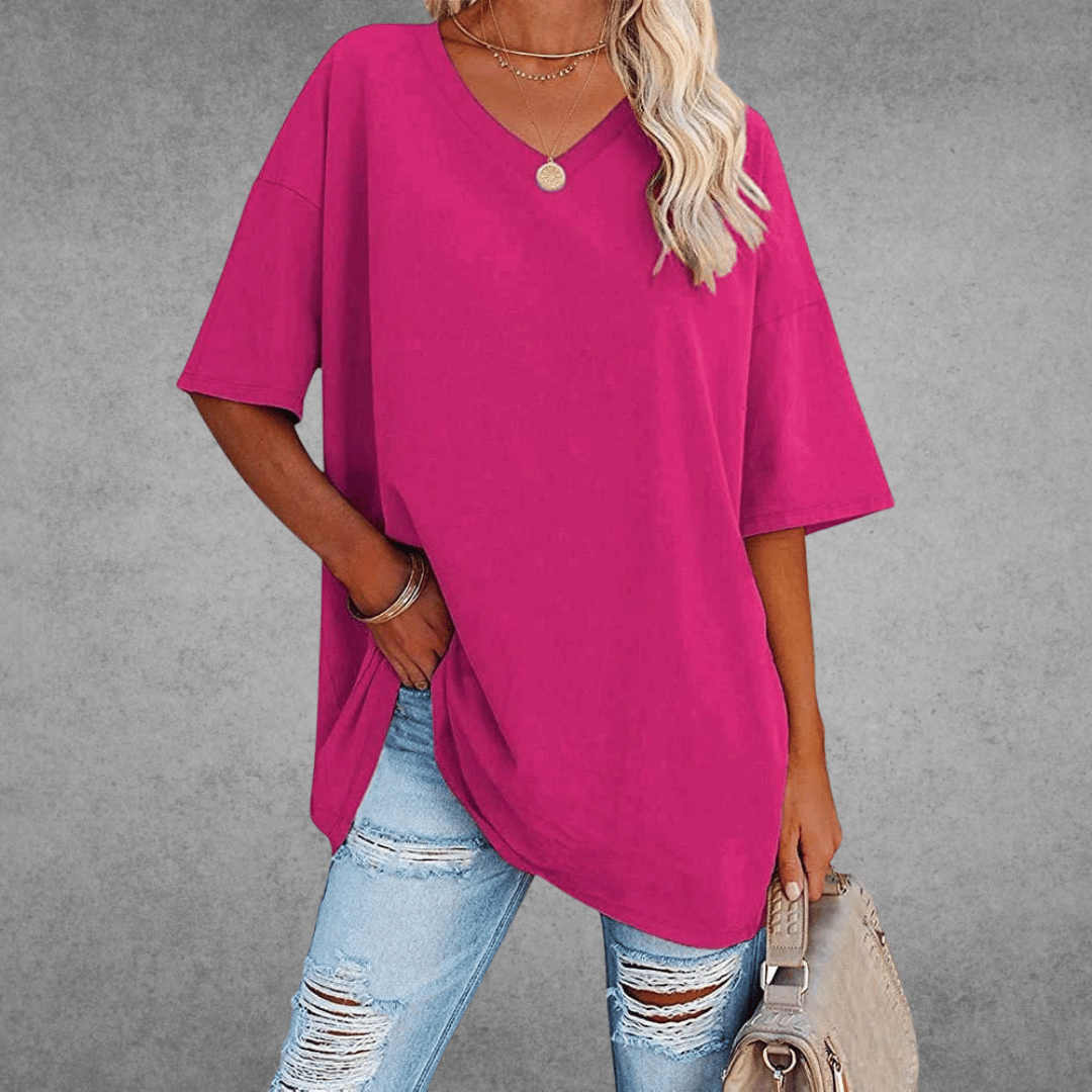 T-shirt Oversize Ninon Mulher – Design confortável com decote em V e tecido leve e respirável