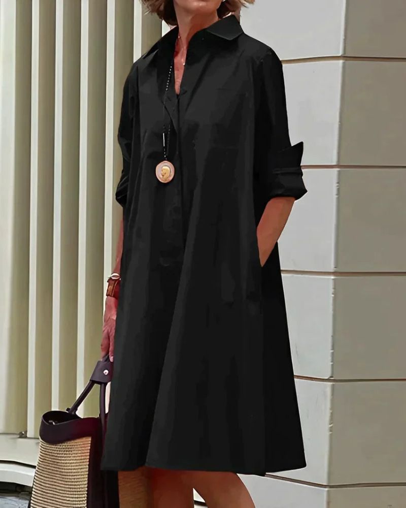 Robe Chemise Femme Monet – Robe Midi mit Kragen, langen Ärmeln & praktischen Taschen