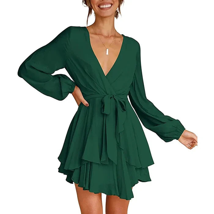 Cléo Robe Femme Courte – Robe Évasée con Cuello en V, Cinturón y Mangas Largas