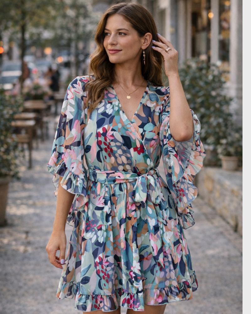Odessa Robe Femme – Cache-Cœur Col V Floral, Manches Cloche & Mousseline Mini Élégante