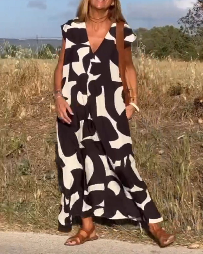 Sita Jurk Losse Pasvorm Dames – Zwart-Witte Abstracte Print met Diepe V-hals