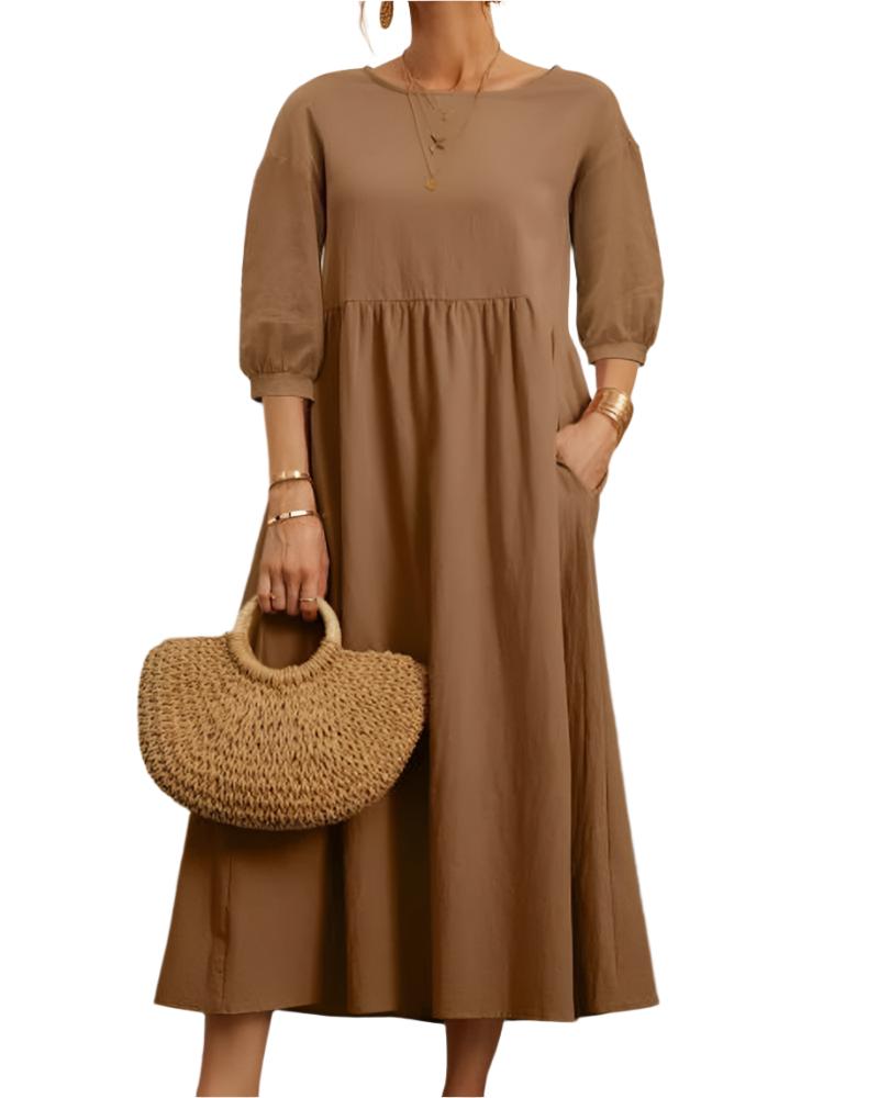 Flore Robe Midi Femme – Bomuld Linned Åndbar, Rund Hals, Lanterneærmer, Sommerkomfort