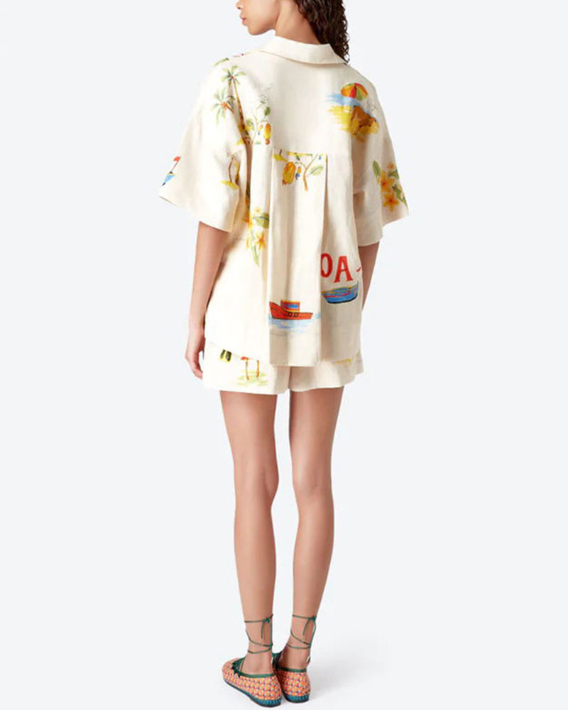 Stella Linsett for Kvinner – Sommerkoordinat med Tropisk Trykk, Lett Skjorte & Komfortable Shorts