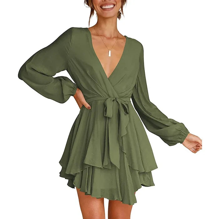 Cléo Robe Femme Courte – Robe Évasée con Cuello en V, Cinturón y Mangas Largas