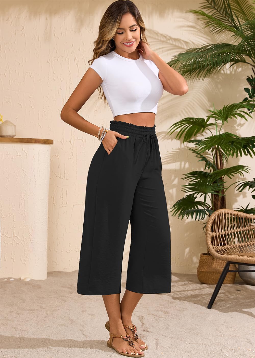 Joanna Pantalon Femme Capri – Coupe Large, Taille Haute Élastique, Léger Été Chic